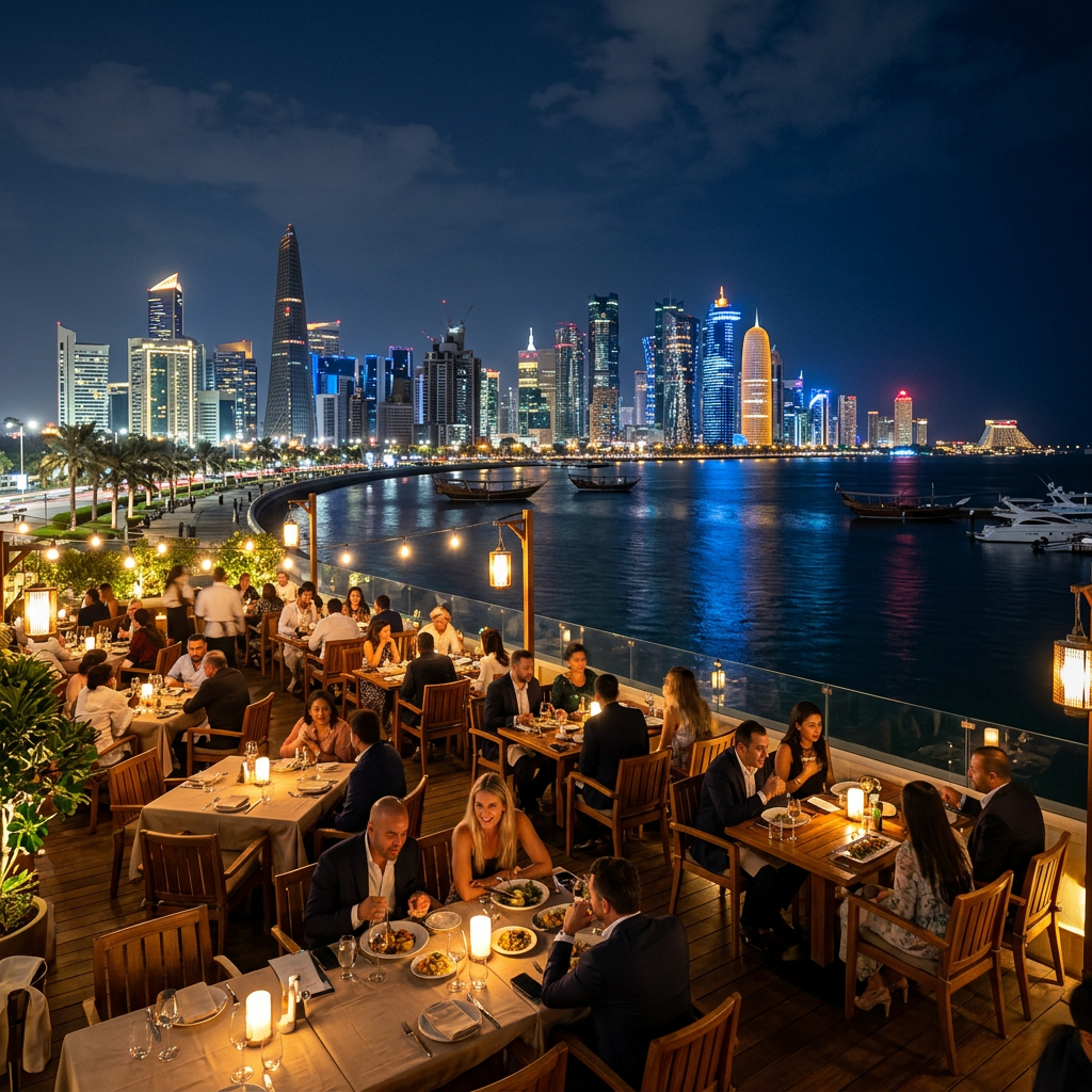 Outdoor restaurant dining terrace with city skyline and waterfront at night