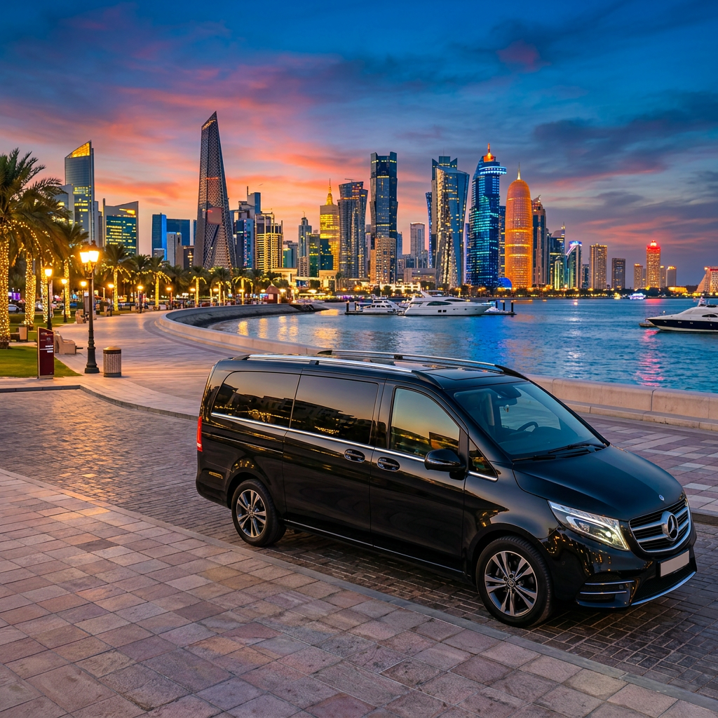 Group of people boarding a black luxury tour van by waterfront in Doha